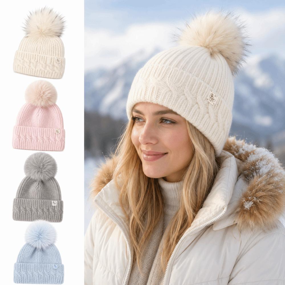 Windproof Knitted Pompom Beanie Twist Knit Thermal Winter Hat Rabbit Fur Beanies Hat For Women