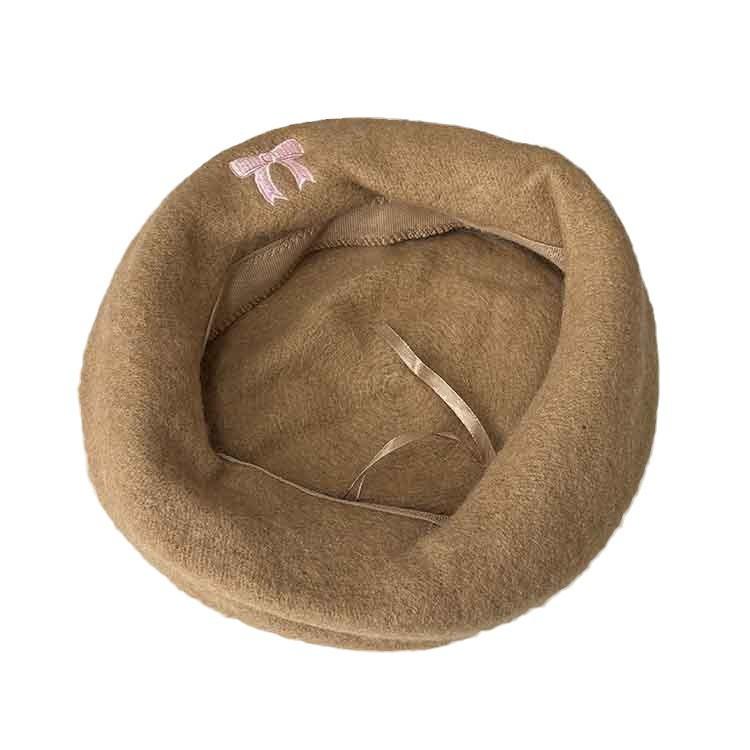 Embroidery three-dimensional bow woolen beret female autumn and winter fashion painter hat showing face small pumpkin hat