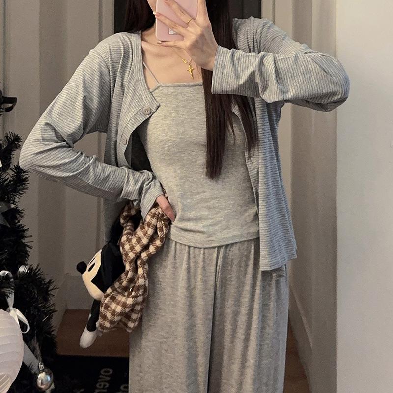 Women's Korean-Style Cardigan & Camisole Set with Chest Pad & Long Pants - Cute & Simple Homewear