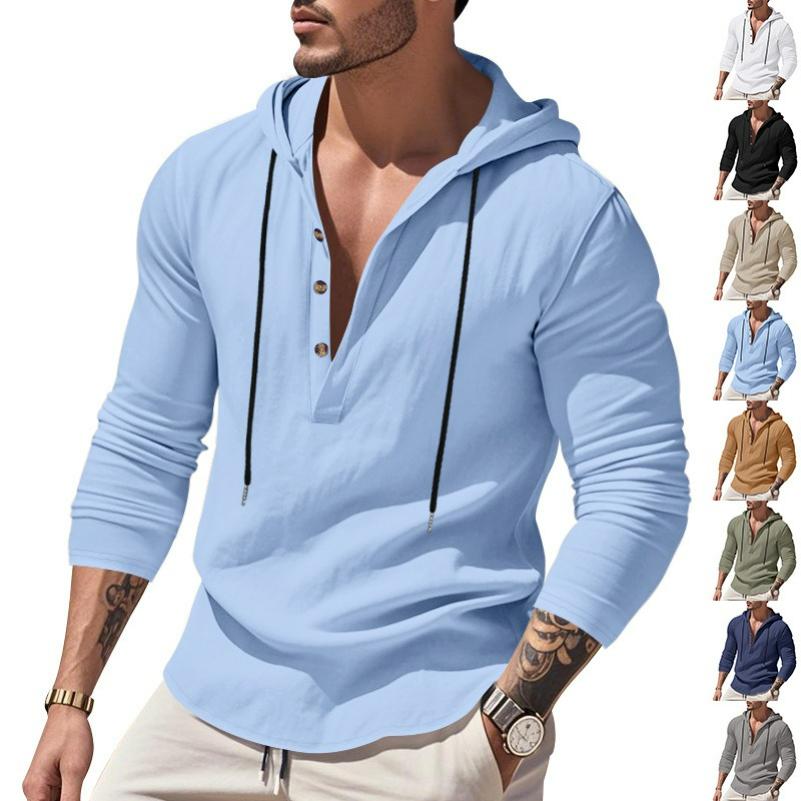 Men's Spring and Autumn Long-sleeved Linen Shirt Hooded Bottoming Shirt Casual T-shirt Sweater Men