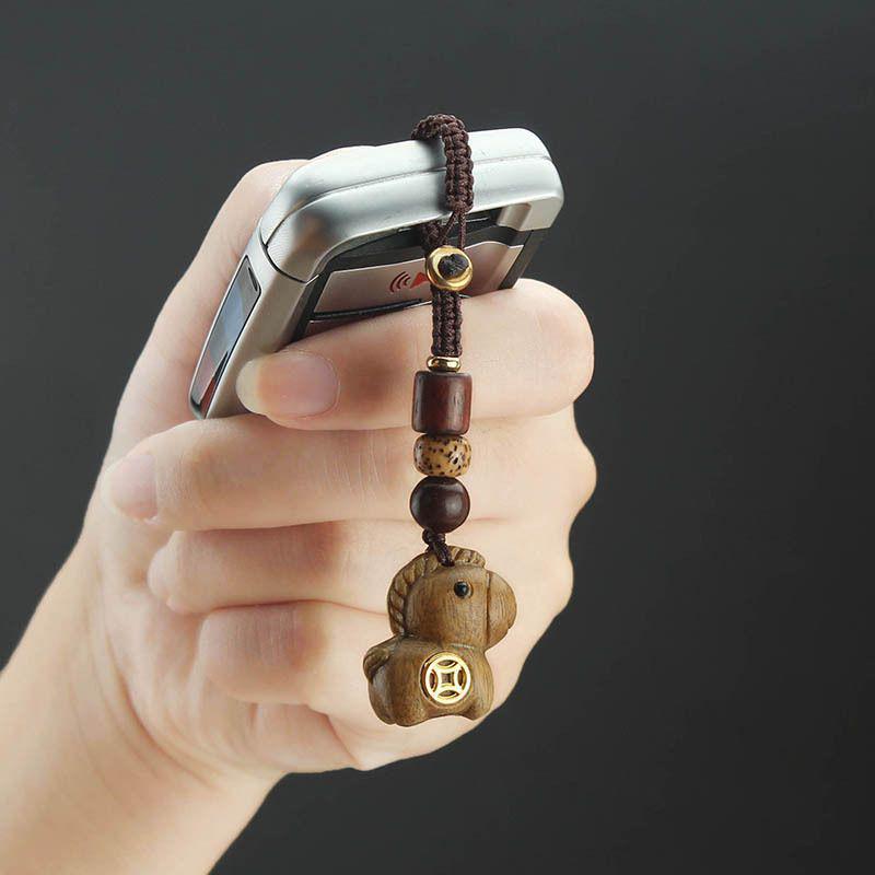 Chinese Style Sandalwood Horse Copper Coin Keychain & Phone Charm