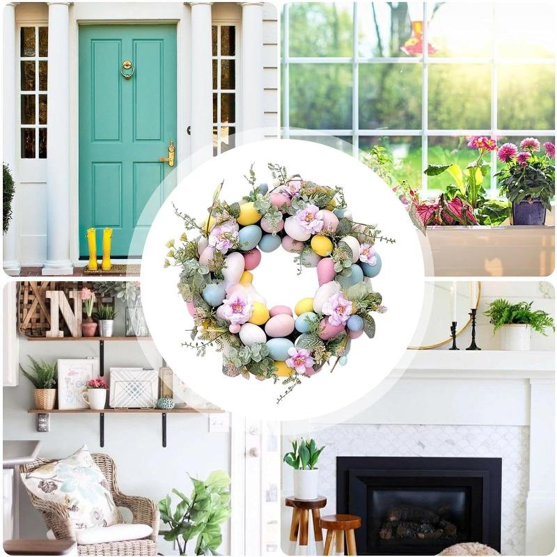 Coronițe de Paște pentru ușa din față, coroană pentru ouă de Paște, coroană de Paște artificială de 40 cm, ușă din față, coroană colorată de ouă de Paște cu frunze