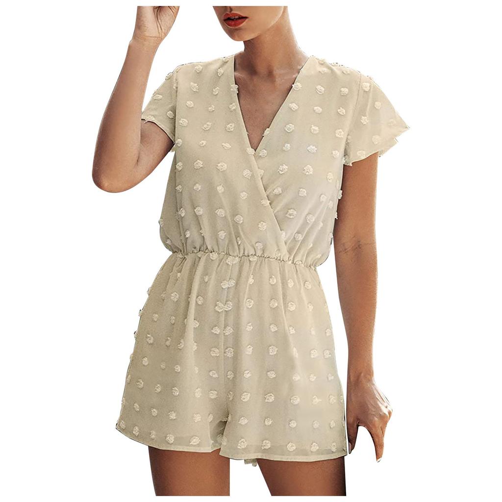 Fashion Women's Casual Loose V-Neck Solid Color Pocket Short Sleeve Jumpsuit