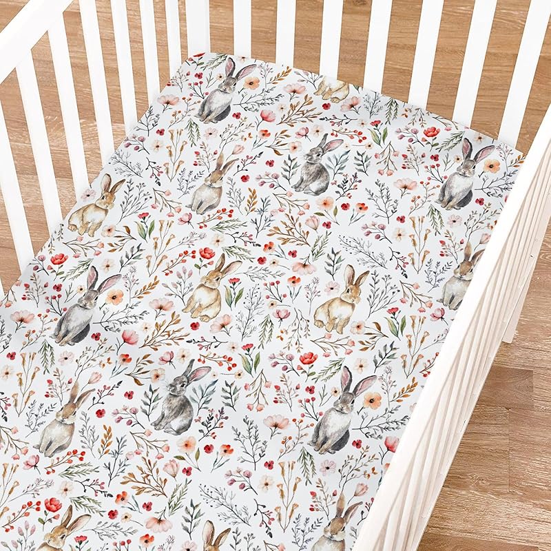 Cute Bunnies Fitted Baby Crib Sheet for Boy Girl 52"x28" Easter Rabbits Carrots Leaves Crib Mattress Cover Spring Bunny Baby Sheets for Standard Crib