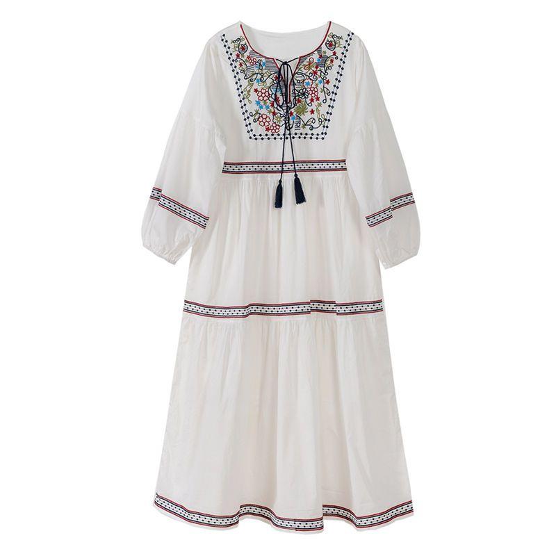 Heavy Embroidery Dress Long Sleeved Travel Vintage Loose White Ladies Dresses