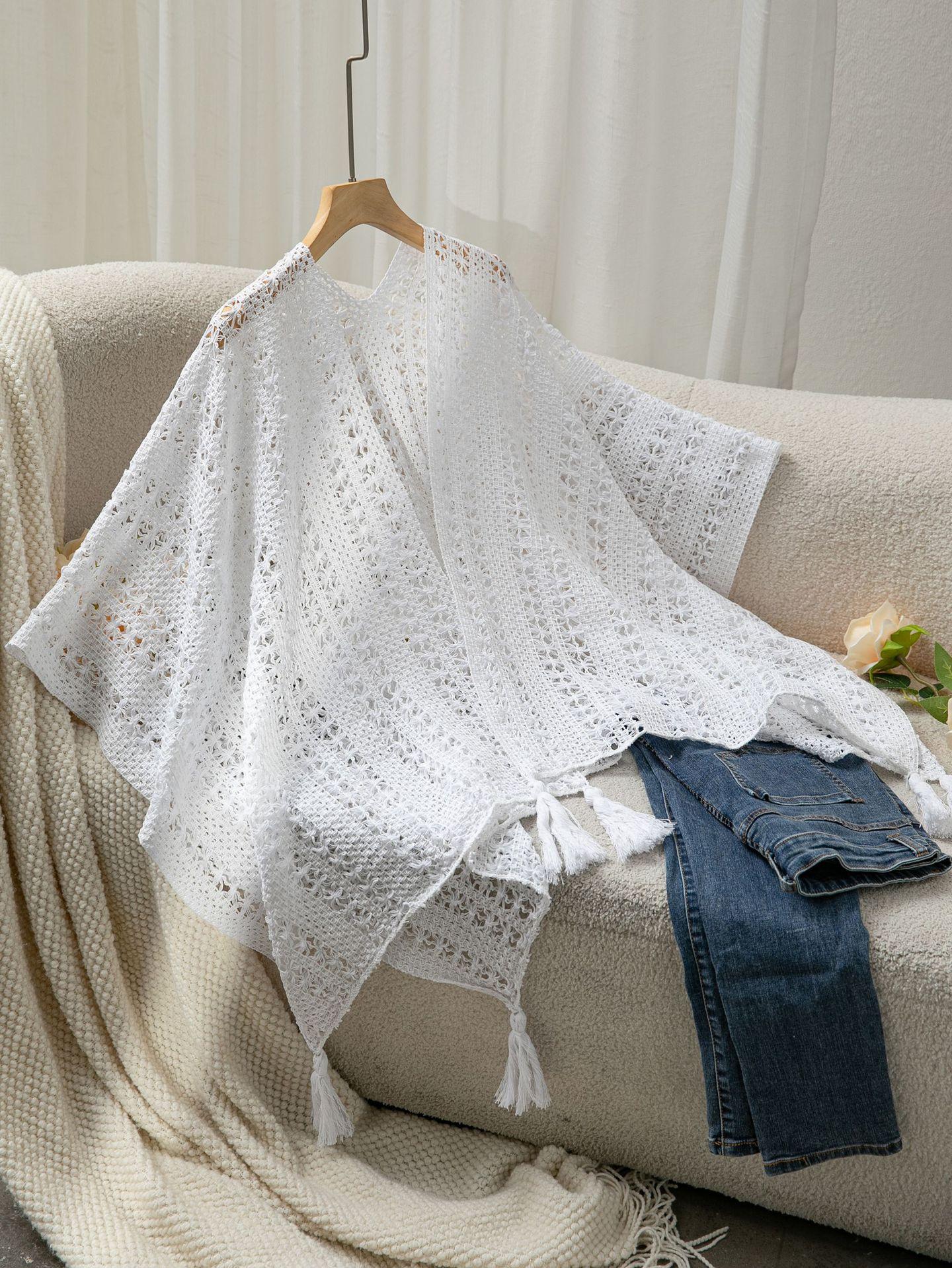 

Вязаная шаль в этническом стиле для женщин на весну и лето, пляжный плащ, свитер, рубашка, куртка Onesize белый