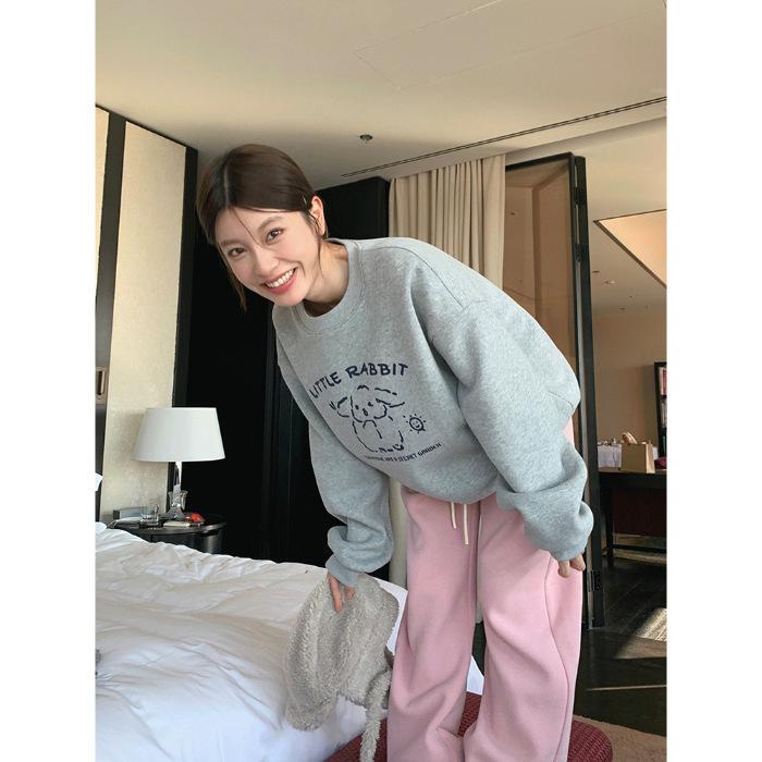 Fleece cute little milk dog print crew neck versatile sweater autumn and winter casual pullover women's men's and women's trendy brand