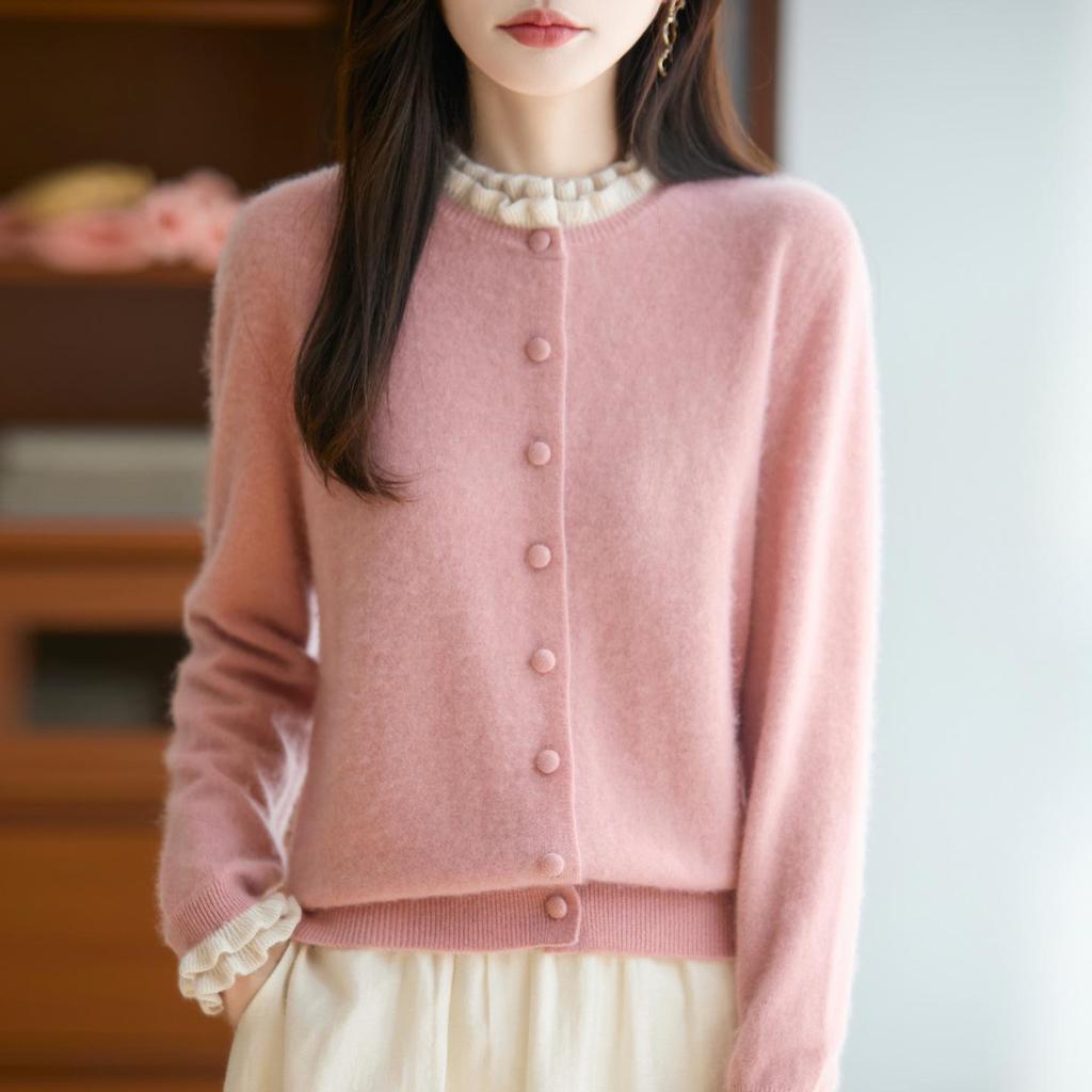 Women's Stylish Color Block Lace Knit Cardigan Sweater with Wood Ear Details and Button Closure for Fall and Winter