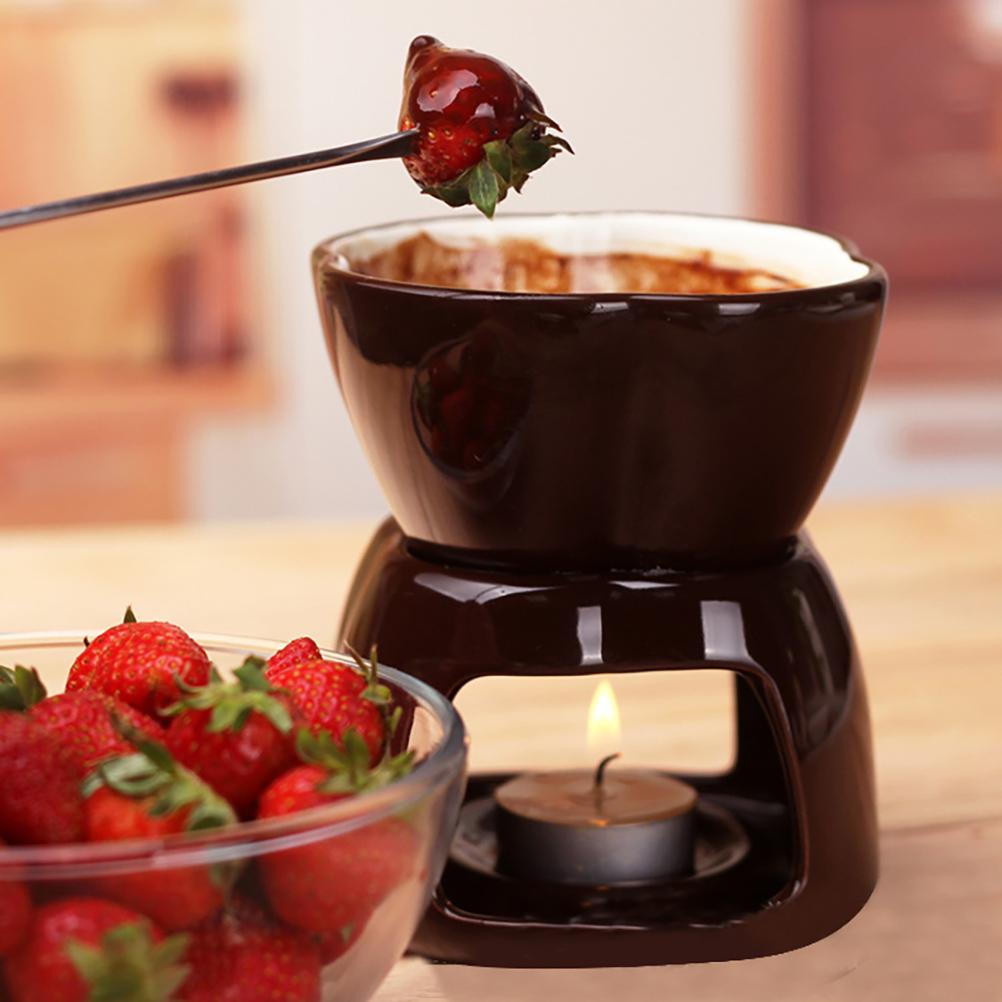 Chocolate Fondue Set Ceramic Pot with 4 Forks & Candles