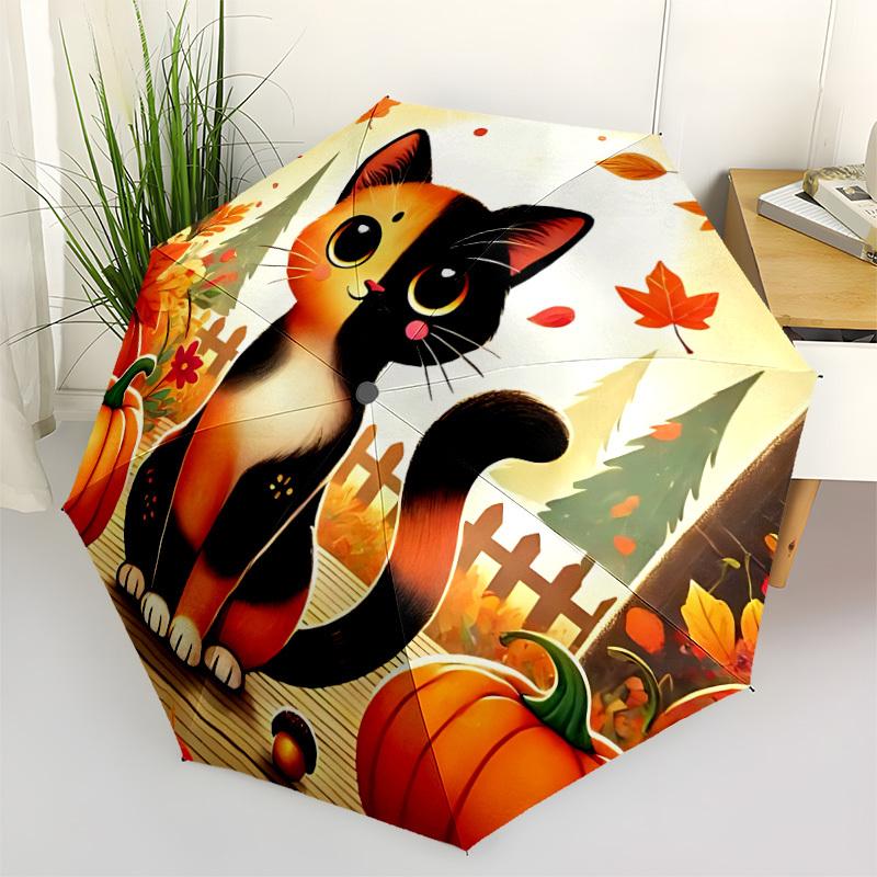 1pc Autumn Cat Automatic Folding Umbrella Portable Collapsible Umbrella for All Seasons, 8-Rib Durable Construction, Perfect Gift 030