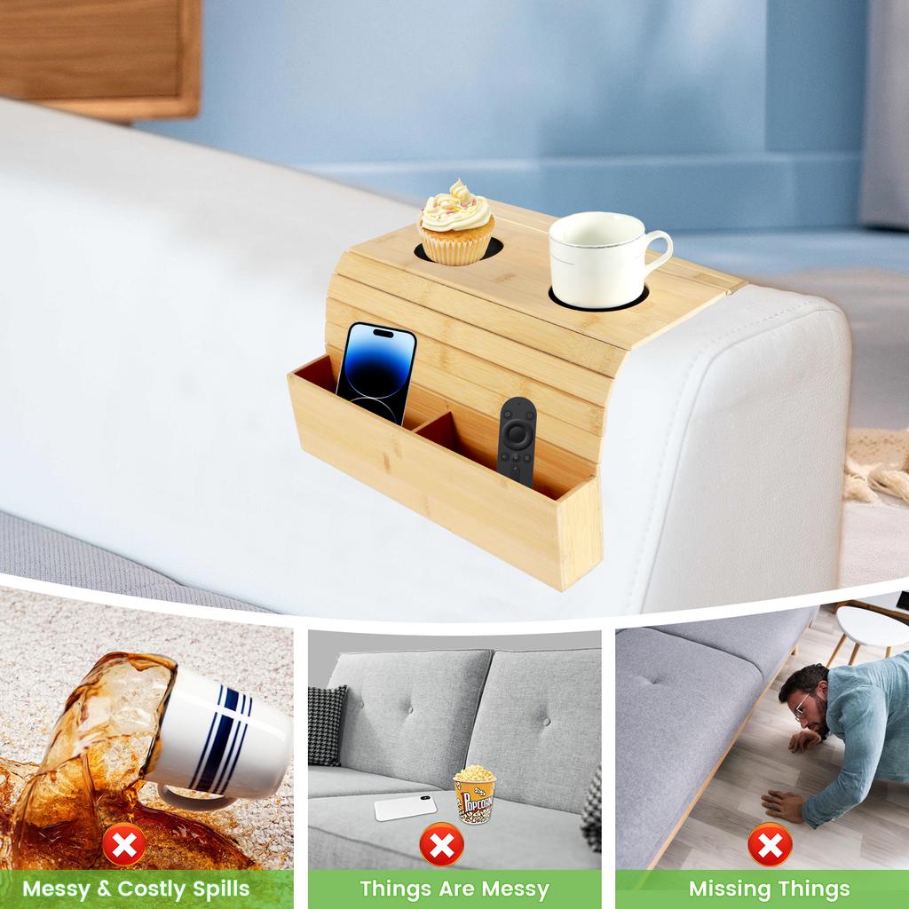Sofa Arm Tray Bamboo Couch Arm Tray with Basket Foldable Nonslip Splash Proof Sofa Organizer Tray Sofa Arm Table for Drink Snack