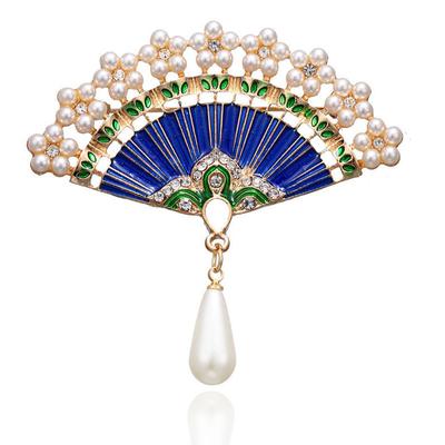 Retro Ethnic Style Painted Fan Brooch High-Grade Diamond-Encrusted Alloy Brooch Pin Women'S Cheongsam Accessories Pearl Brooch