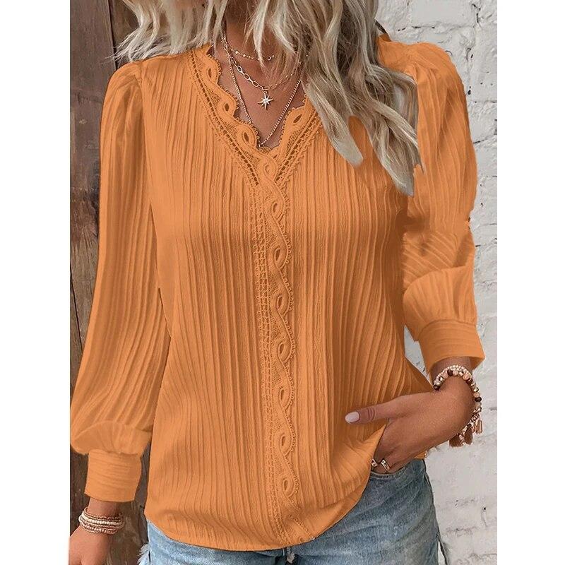

2023 кружевная лоскутная блузка с длинным рукавом и v-образным вырезом, осенняя женская кружевная простая рубашка с вырезами, женские свободные повседневные топы Mujer 30479 L оранжевый