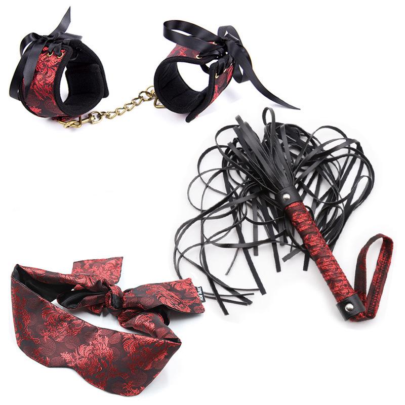 Retro Court Chinese Style Fabric Restraint Set: Foot Cuffs, Gag Ball, Eye Mask, Leash, Collar.