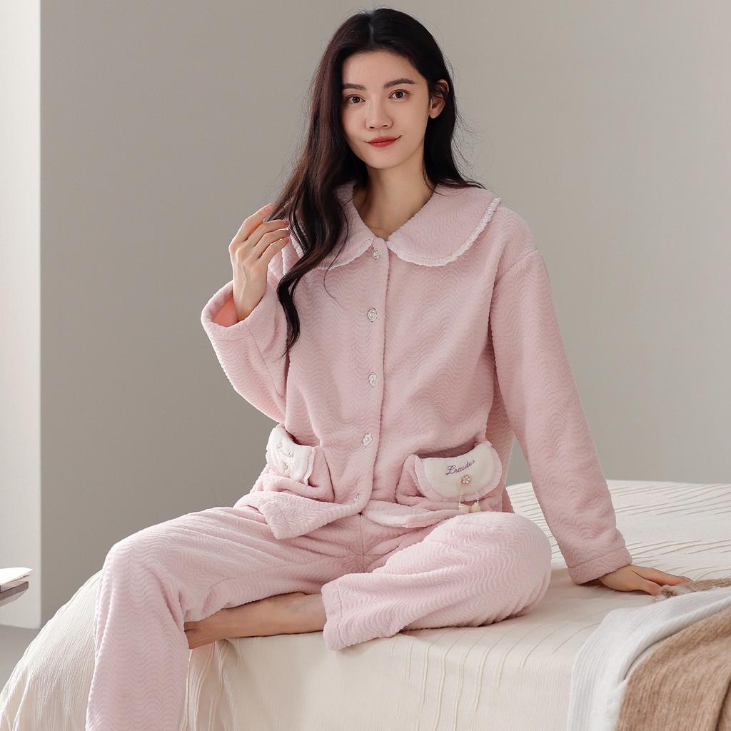 1011 winter women's pajamas thickened flannel loungewear foreign gas cardigan doll collar winter warm loungewear set