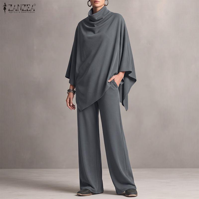 ZANZEA Women 3/4 Sleeve Asymmetrical Blouse And Long Pants Breathable Casual Two Piece Suit Sets