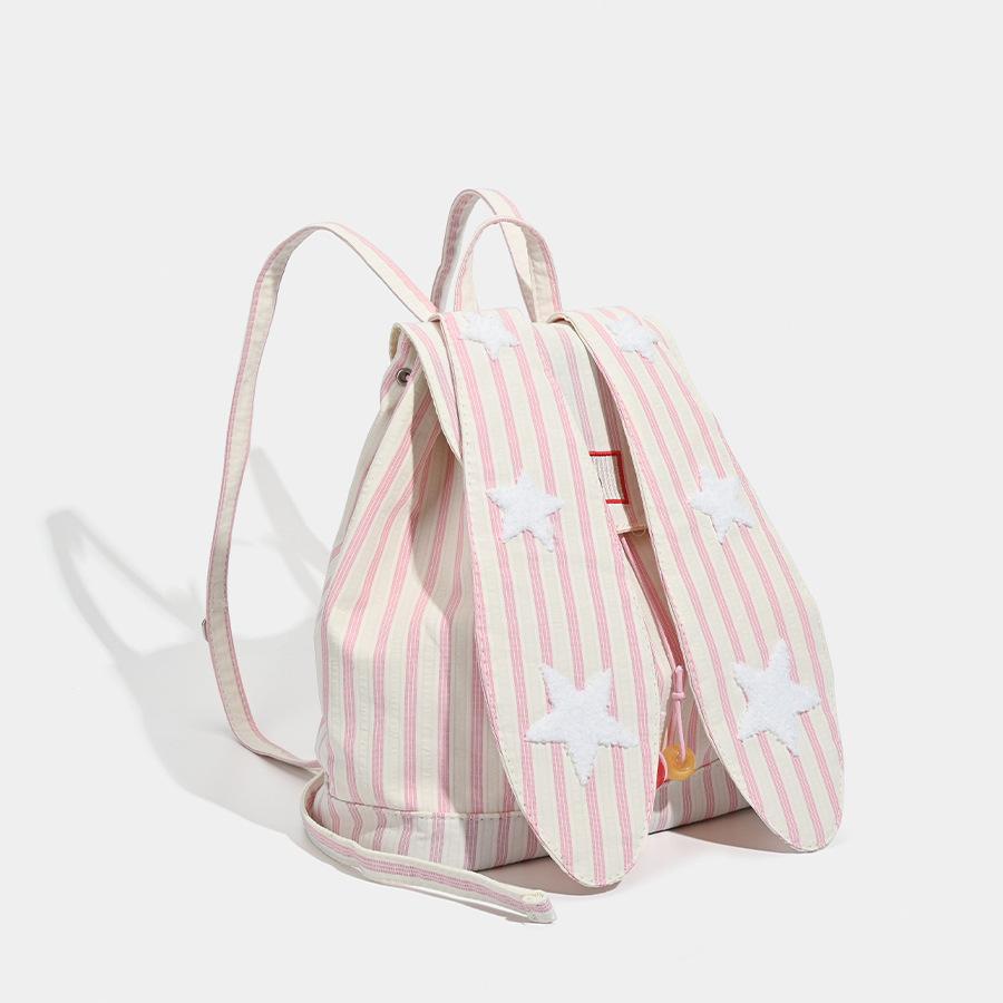 Sweet and Cute Vertical Stripes Contrasting Star Bag Rabbit Ear Commuter Large Capacity Canvas Tote Canvas Backpack