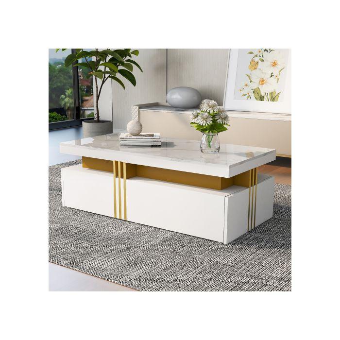 Table Basse Moderne Rectangulaire, Brillante, Avec 2 Tiroirs En Bois, Plateau En Marbre, 100*50*40 Cm
