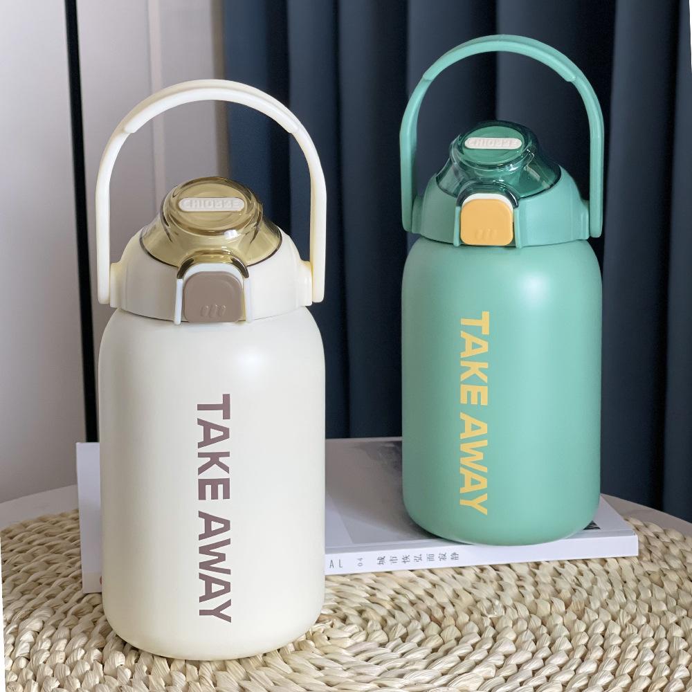 New Large Capacity Portable Thermos Cup with Spring Lid Portable Pot with Straw Outdoor Thermos Cup