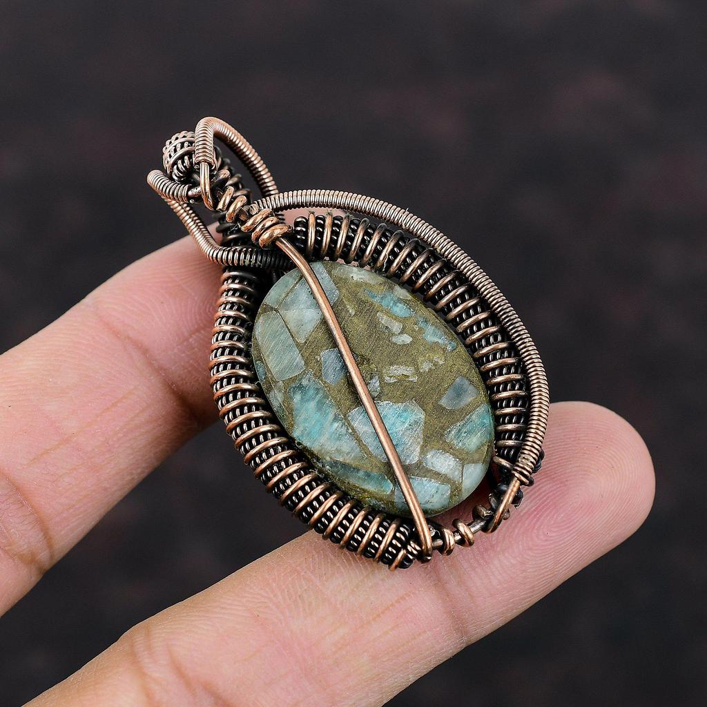 Copper Amazonite Pendant Copper Wire Wrapped Gemstone Jewelry Handmade Unique Pendant Amazonite Jewelry For Gift Copper Wire Wrapped Pendant