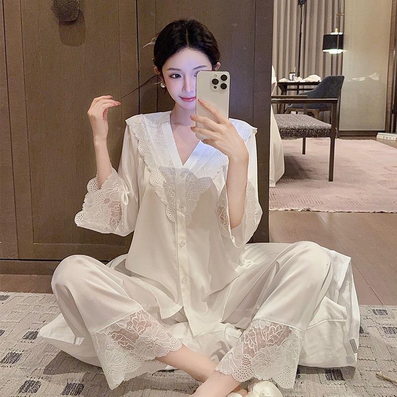 New Ice Silk Pajamas Women's Spring and Autumn High-end Light Luxury French Lace Suit Long-sleeved Cardigan Can Be Worn Outside Loungewear