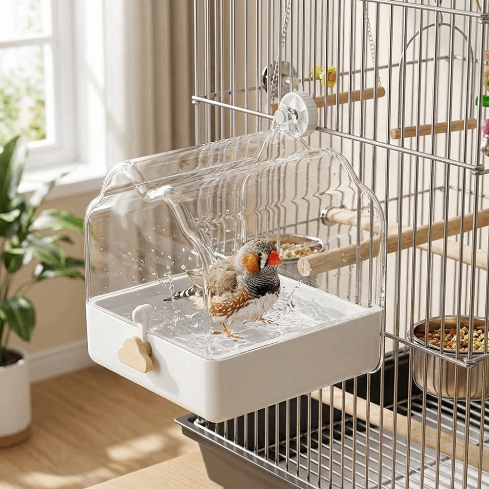 Large Capacity Bird Birdbath Feeder Transparent Splash Proof Parrot External Feeding Basin Hanging Drawer Design Bird Bath Cage