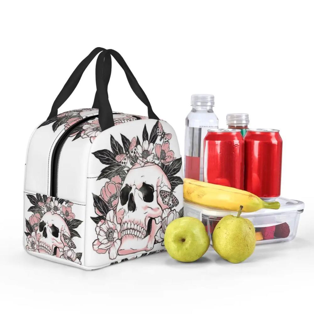 Vintage Gothic Skull Roses Insulated Lunch Bag for Women Children Portable Food Boxes Thermal Lunch Box Tote