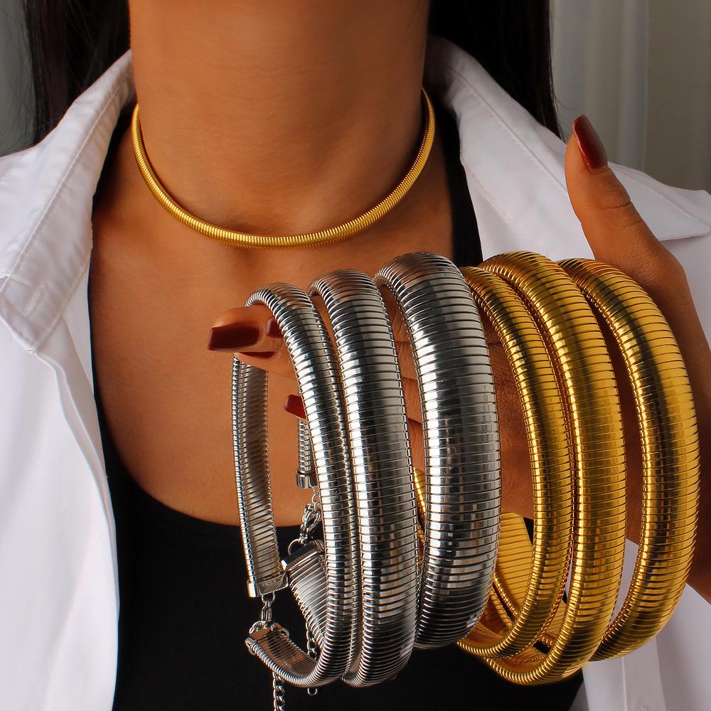 European Punk 18K Gold Titanium Steel Elastic Choker Necklace with Goose Throat Collar