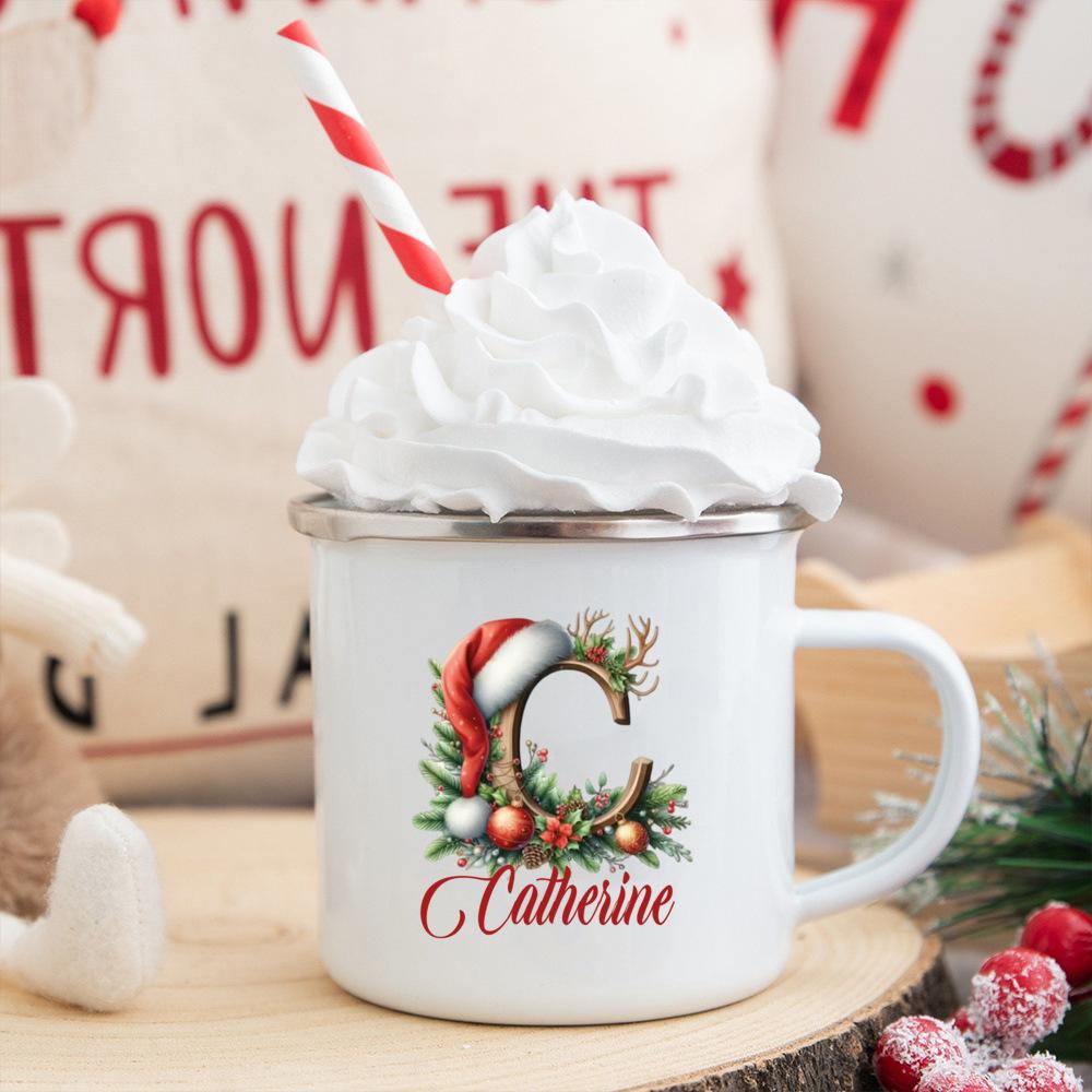 Personalisierte Tasse mit individuellem Namen 26 Buchstaben Emaille Weihnachtsbecher, Geschenk für sie, Weihnachts-Kaffeetasse, Frohe Weihnachten Geschenk