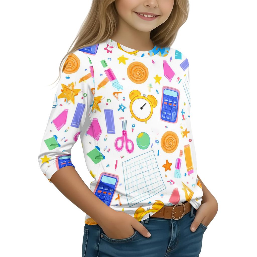 Kids Printed Round Neck Three-Quarter Sleeve Top for Back to School Casual Wear