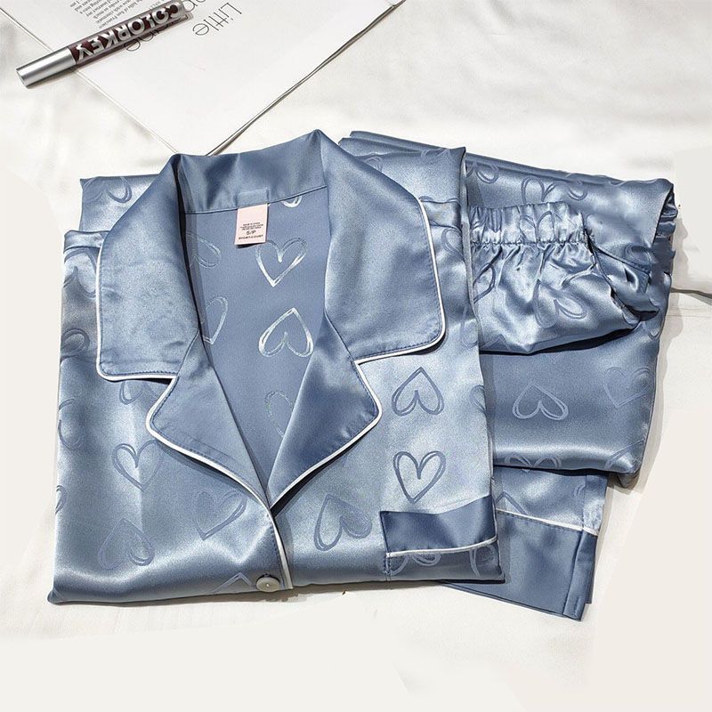 Girls' Faux Ice Silk Pyjamas Ladies' Long-sleeved Lace Green Premium Feeling Two-piece Set of Sweet Loungewear Love Blue Cloth