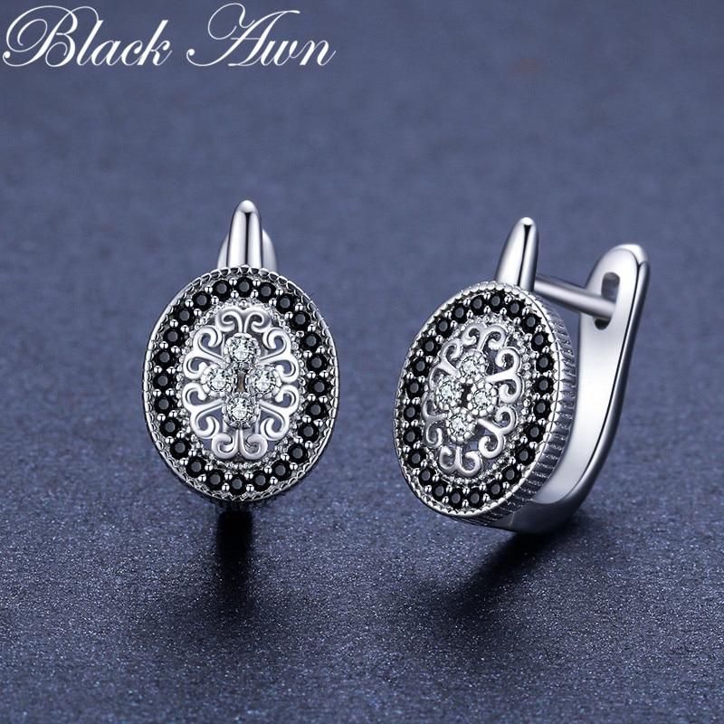 Černá Awn Classic 925 Sterling Silver Kulaté Černé Trendy Spinel zásnubní kruhové náušnice pro ženy Jemné šperky Bijoux I149