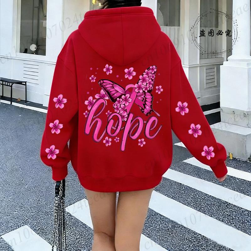 Hope Pink Ribbon Butterfly Breast Cancer Awareness Warrior Print Hoodies Women Casual Fashion Hoody Fleece Harajuku Trend Hooded