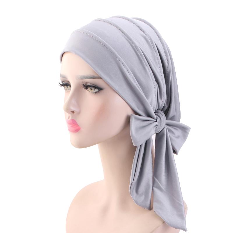 NEW Solid color long tail headscarf hat Women Chemo Hat breathable base cap Muslim Headscarf Hat