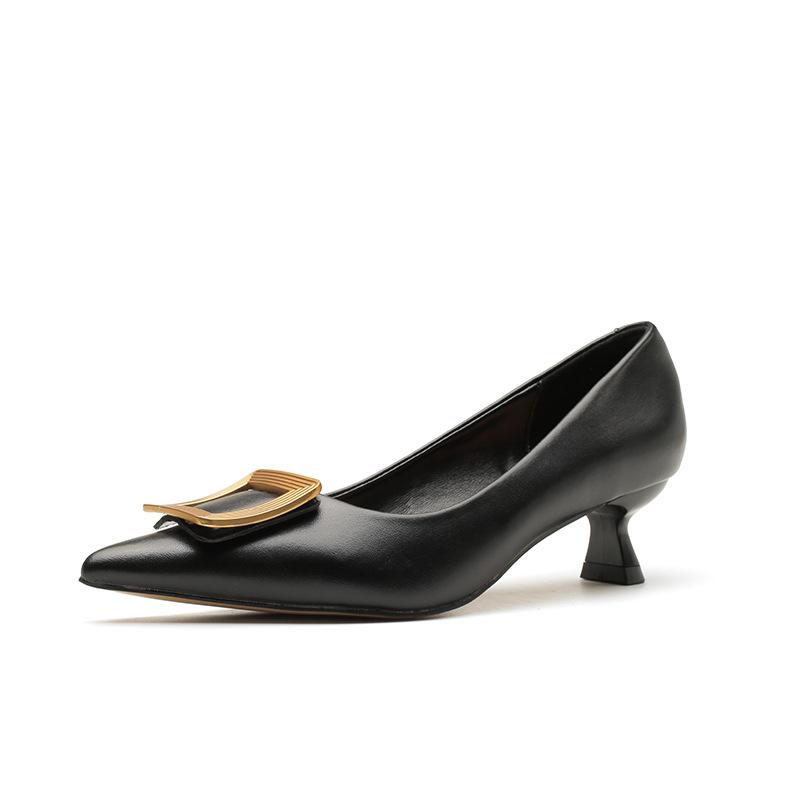 2216-6 European Station 2025 Spring New Fashion Square Buckle High Heels Professional Commuter Middle Heel Cat Heel Single Shoes Women