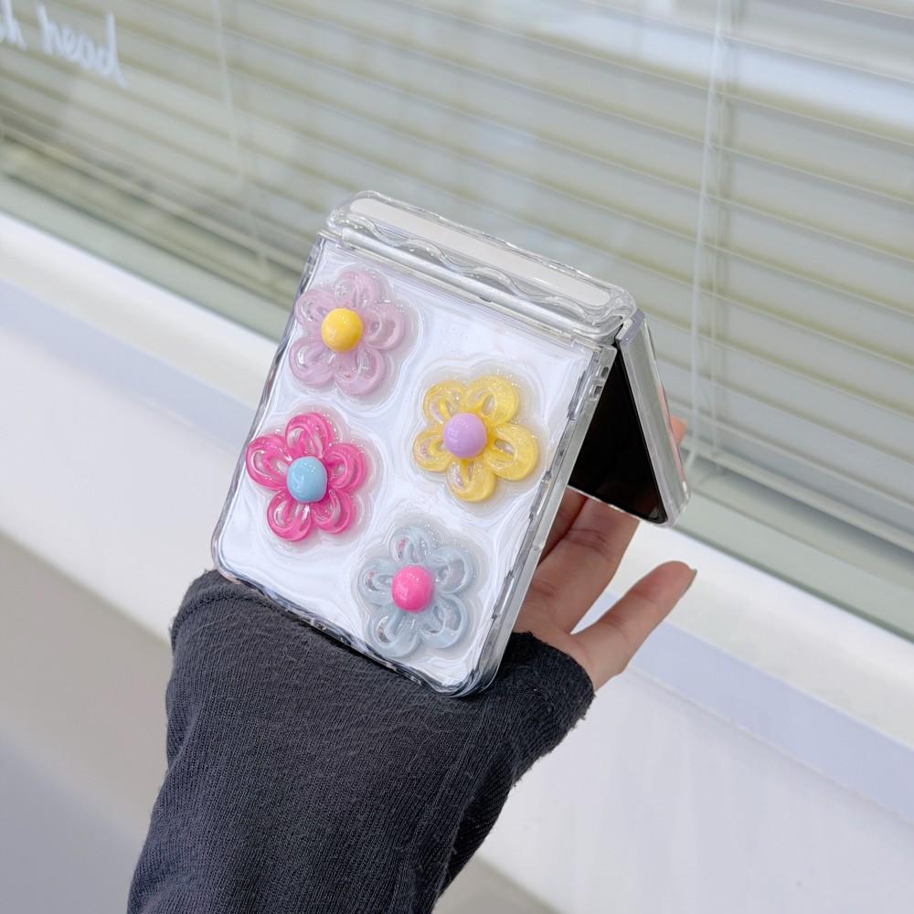 3D For Samsung Galaxy Z Flip 5 6 7 5G Flower Bracele Case Hinge Magnetic PC Shell Shockproof Protective Transparent Back Cover