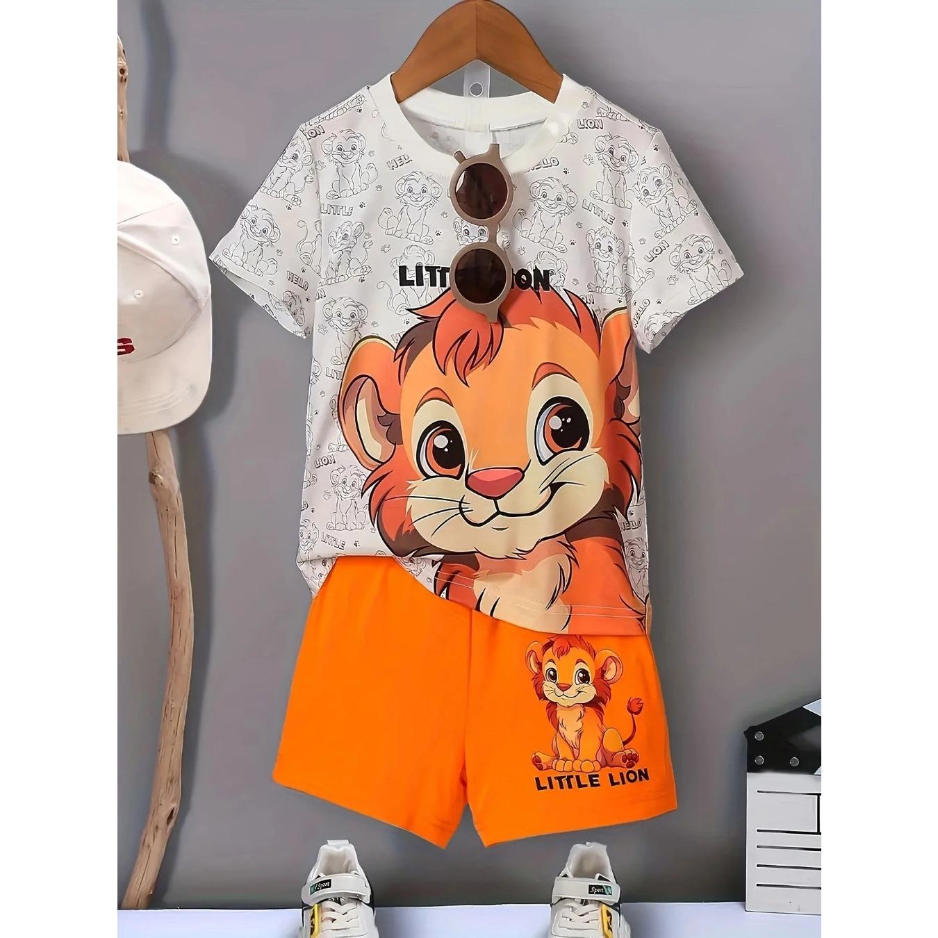 2026 Summer new children s set Cartoon Lion print short-sleeved shirt shorts Comfortable breathable, lightweight 5-6Y