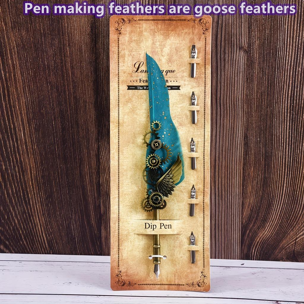 Ambidextrous Mechanical Calligraphy Pen with 5 Personalized Metal Tips, Medium Point, Round Body, Decorative European Retro Feather Quill for Beginner
