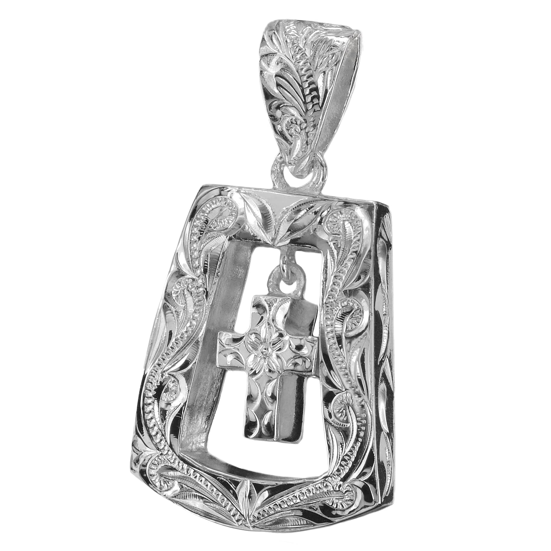 

Leilani Hawaiian Jewelry Cross Square Plate Plumeria & Scroll Engraving Pendant Necklace for Men, 925 Sterling Silver (Chain Not Included)