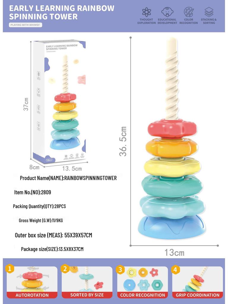 Rainbow Rotating Tower Toy - Cognitive Stacking Rings for Early Education