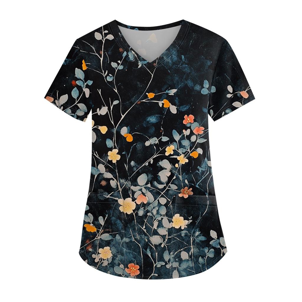Women's Printed Uniform Work Uniform V-Neck Pocket Protective Work Uniform