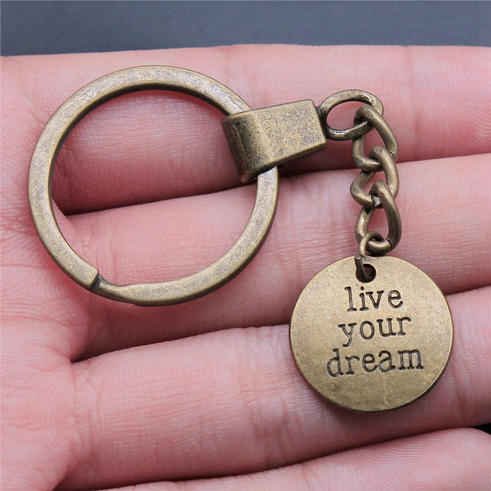 Encouragement Letter Om Yoga Tags Pendant Antique Bronze Metal Keychain with 30mm Ring for Family