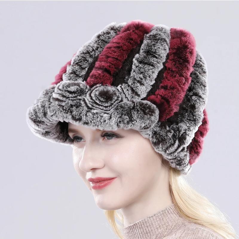 Lady Real Rex Rabbit Fur Hat Winter Knitted Natural Rex Rabbit Fur Caps Russia Women Warm Real Fur Beanies Hats