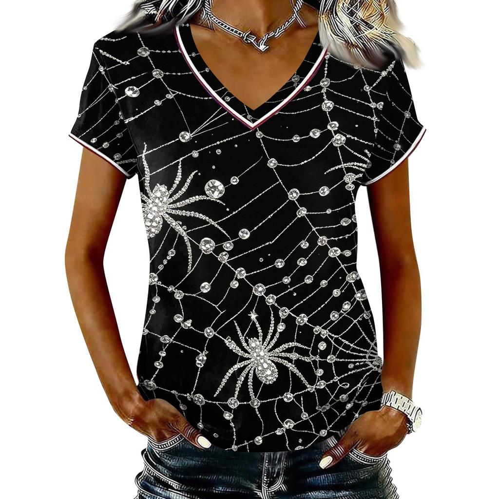 Women's V-Neck Short Sleeve T-Shirt with Halloween Print for Casual Wear