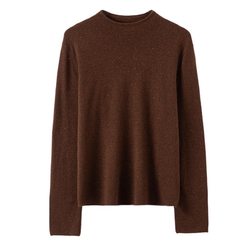 Lekasha Women's 100% Pure Cashmere Sweater - Autumn/Winter, Rolled Hem, Half-High Neck, Sequined, Thin Layer