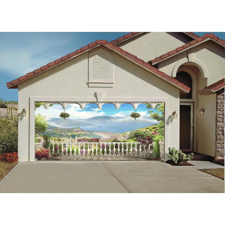 6x13ft Nature Landscape Garage Door Decor Flower House Balcony Mountains River Blue Sky White Clouds Garage Door Cover for Spring Theme Party