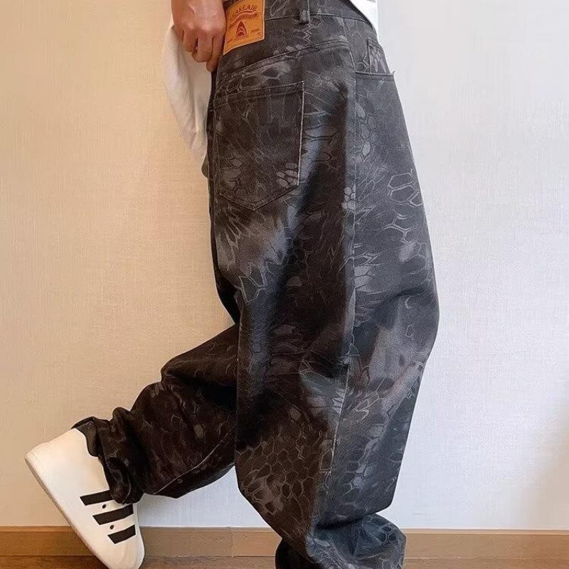 

Men s Versatile Retro Snake Print Camo Jeans - Loose, Casual, Wide-Leg L