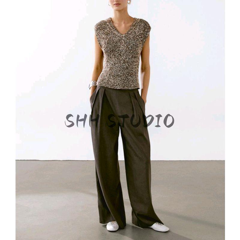 MD Summer New Arrival Women's French Cotton Two-Color Yarn V Neck Sleeveless Knitting Vest T-shirt Tops 5691733