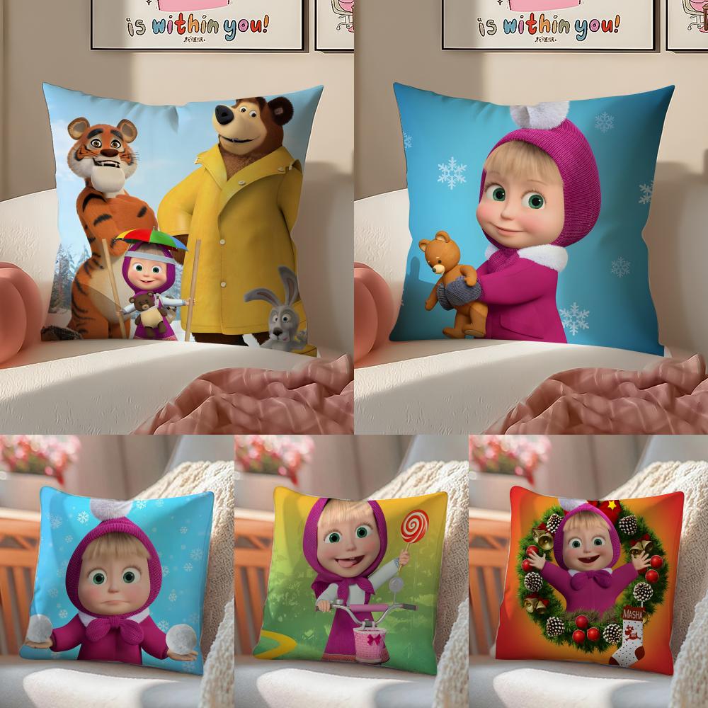 PopCartoon To Accompany MMasha And BBearsS Cushion Cover Pillowcase Short Plush Invisible zipper Room Sofa Cushion Cover
