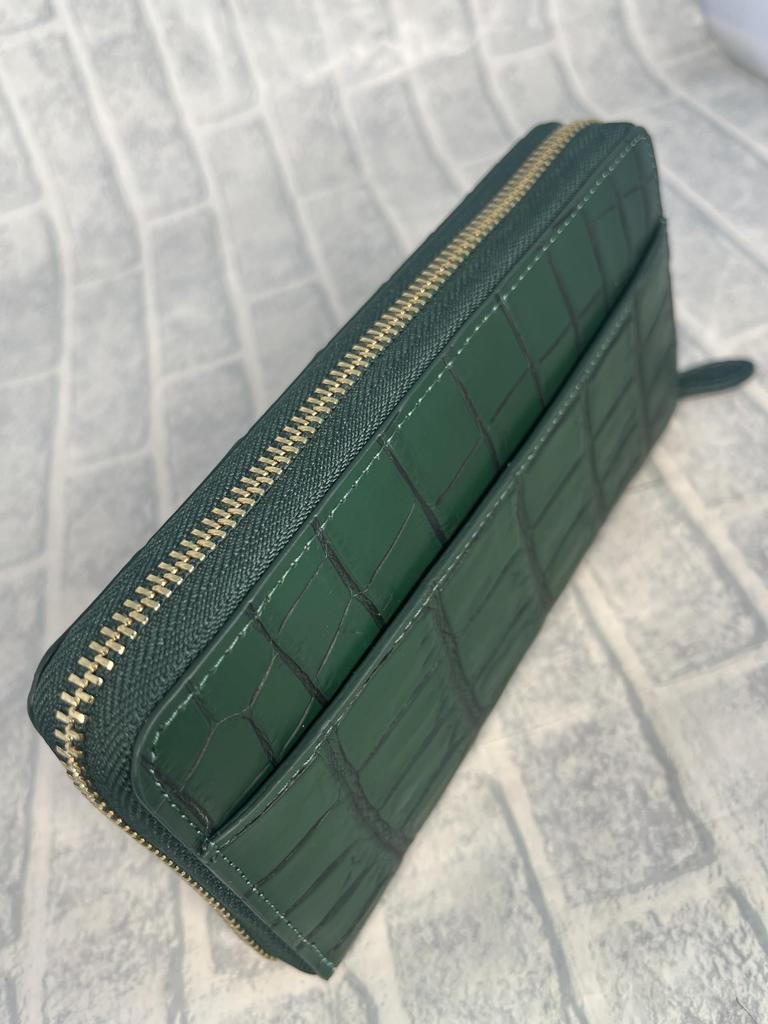 GUODI Long Wallet with Round Genuine Crocodile for Men and Zipper, Leather, Color-Dyed, Unisex, Women, LH-7645 (Cyprus Green)